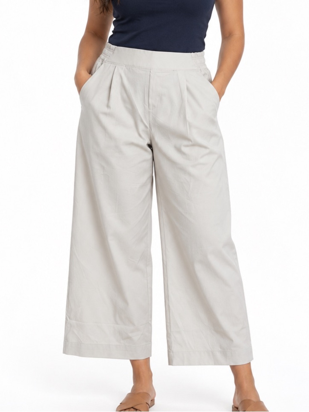 Athleta Light Greige Wide-Leg Cropped Pants